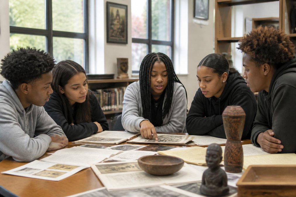Diverse group of high school students seated around a classroom table engaged in discussion, with historical documents, photographs, and cultural artifacts spread across the surface, natural window lighting illuminating their faces as they collaborate on a project