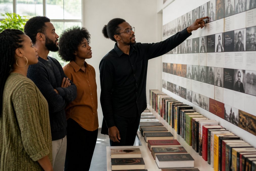 A diverse group of coworkers gathered in a bright office space, looking at a display of books and educational materials celebrating Black history, with one person pointing at a historical timeline on a wall