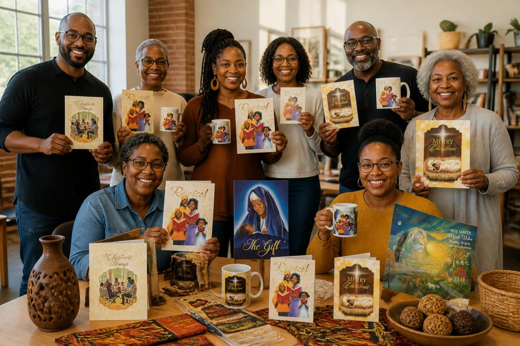 A diverse group of volunteers and community members gathered at a Black-owned business fundraiser event, smiling and holding culturally inspired greeting cards and home decor items, natural lighting in a welcoming community space