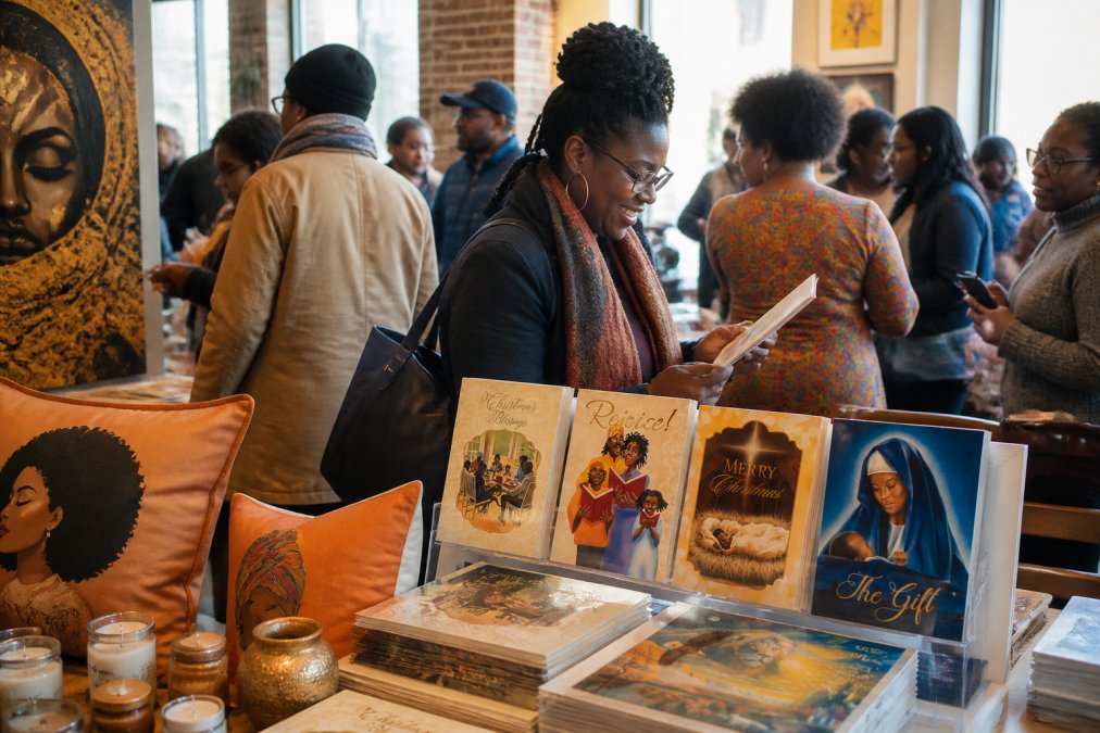 A bustling Black History Month community event with diverse attendees browsing tables of culturally inspired greeting cards, stationery, and home decor items in a bright, welcoming community space with warm lighting