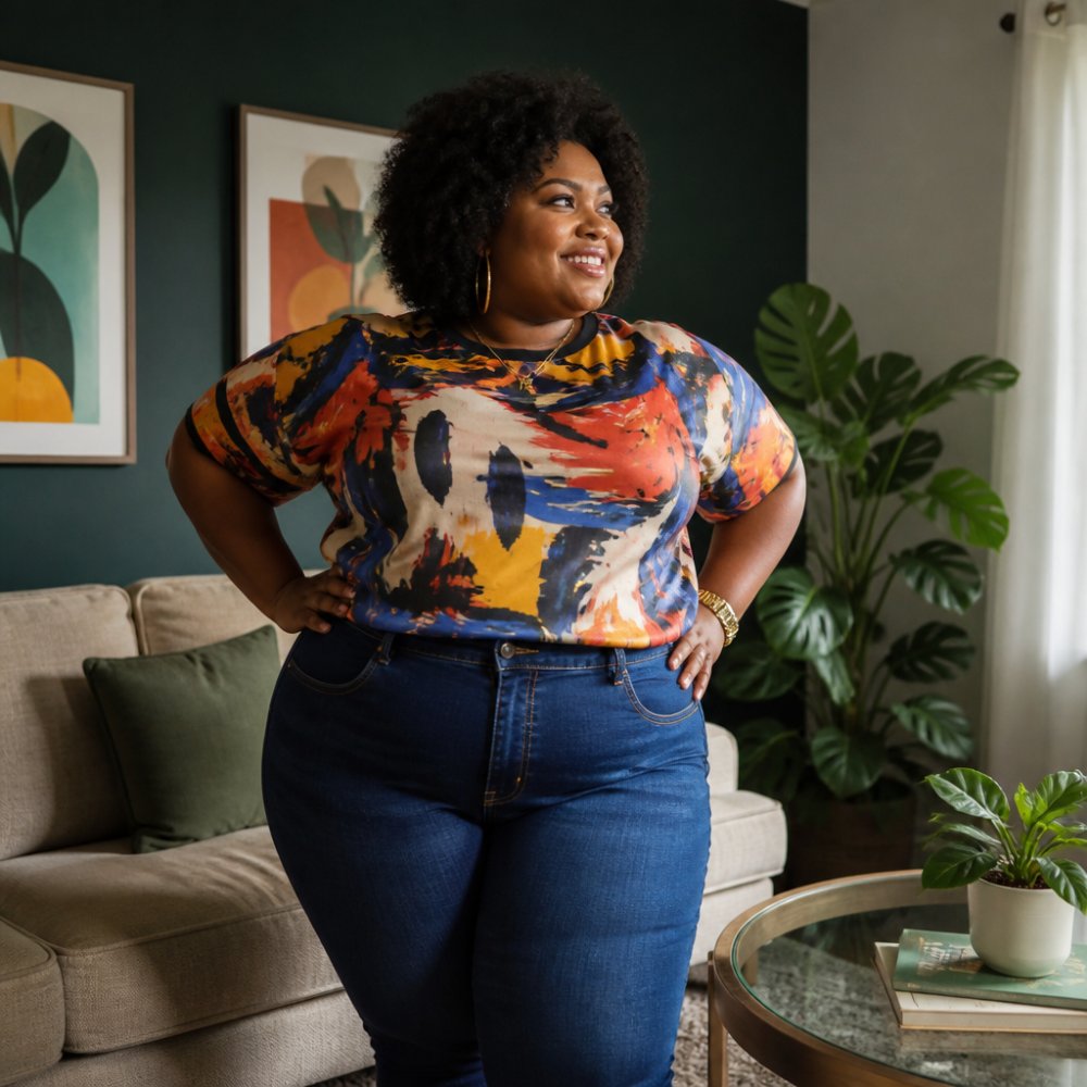 A joyful plus-size woman with natural hair wearing a vibrant graphic tee and jeans, standing confidently with hands on hips in a bright, modern living room