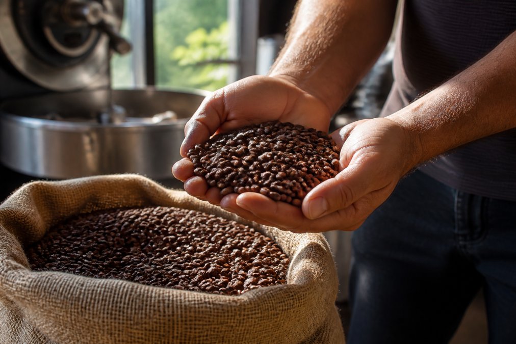 Close-up of freshly roasted whole bean coffee in a burlap bag with a visible roast date label, hands holding premium beans against natural sunlight streaming through a window