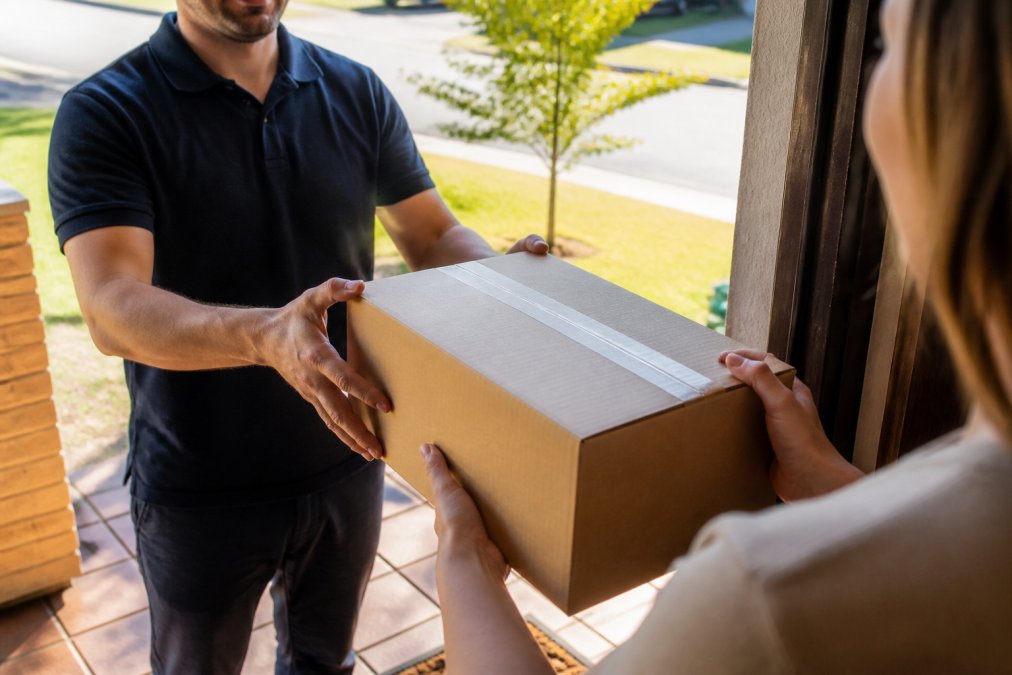 Premium coffee package being delivered to a residential doorstep, with a fresh cup of coffee and whole beans visible in the background on a modern kitchen counter with natural morning light