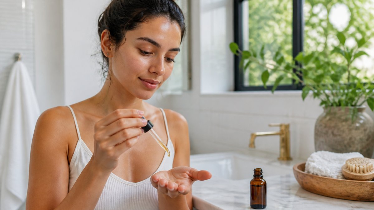 Woman applying golden black seed oil to her fingertips in a bright, modern bathroom setting.