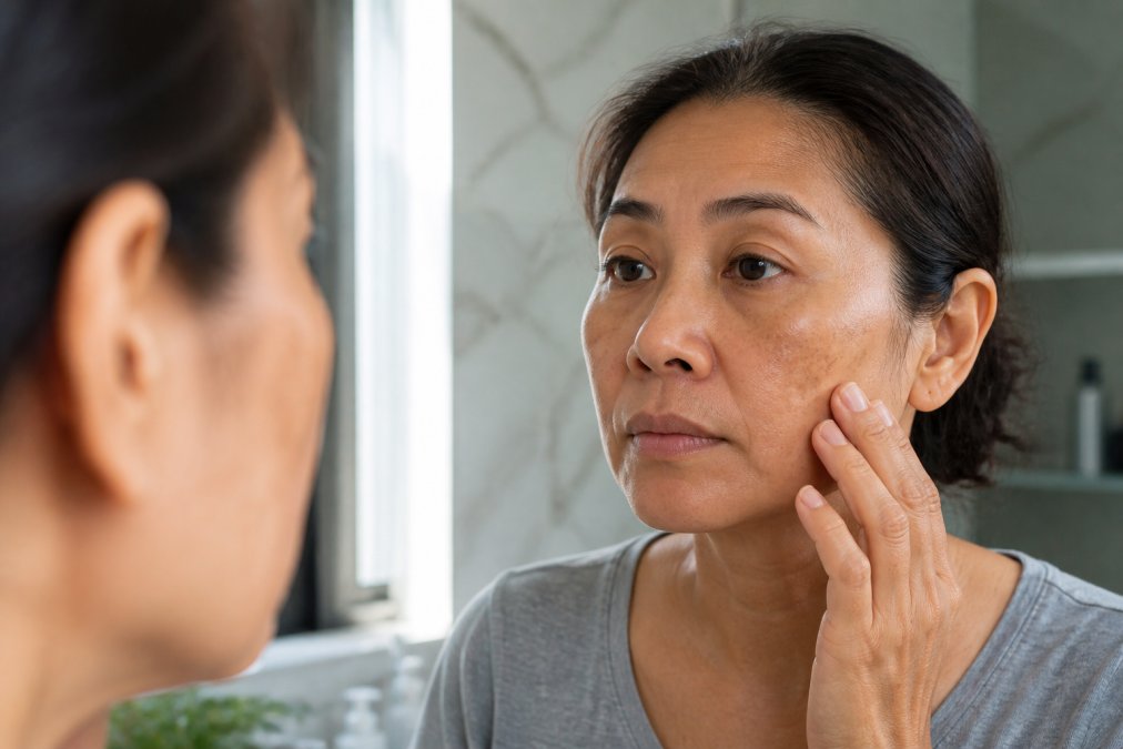 Woman in her 40s examining black spots in face while looking in a bathroom mirror under natural light
