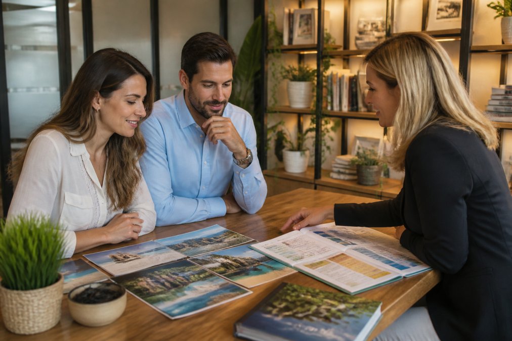 Professional travel advisor consulting with a couple at a modern desk, reviewing destination photos and colorful itineraries together under warm office lighting