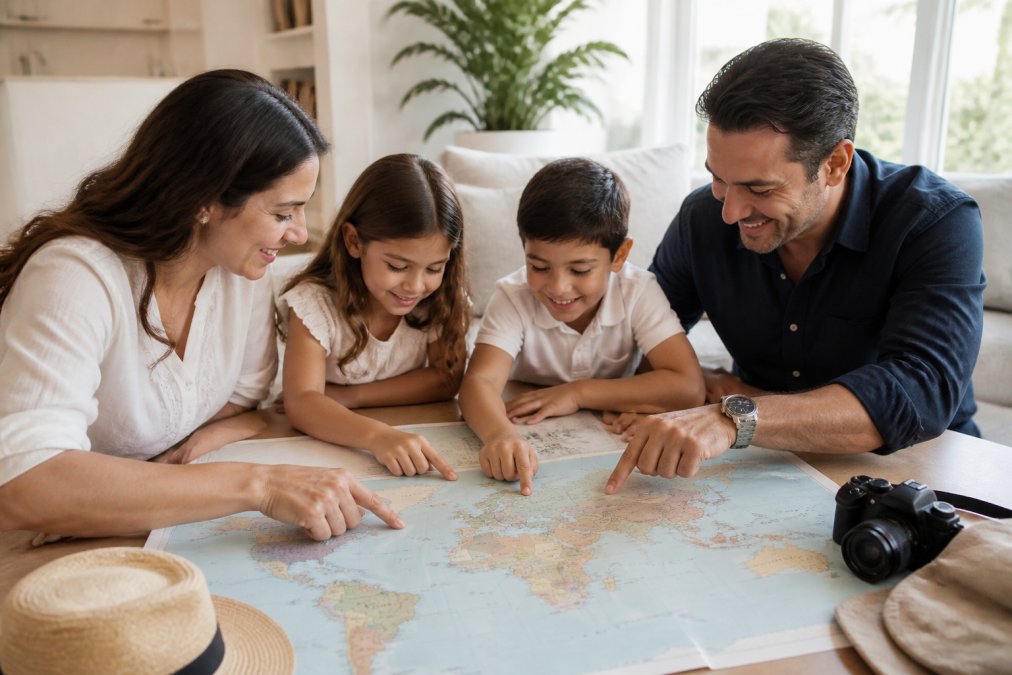 Family of four gathered around a world map in a bright, relaxed home environment, pointing at different destinations and discussing travel plans together with genuine engagement