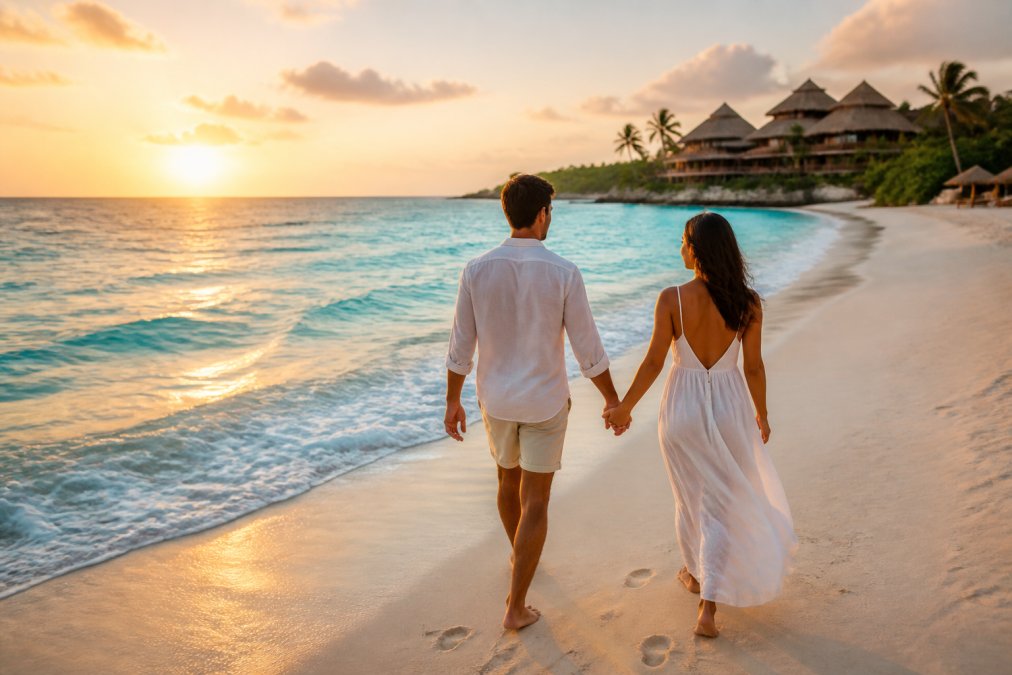 A couple holding hands walking along a pristine white sand beach at golden hour sunset, turquoise ocean waves visible, luxury resort visible in the distance on the shoreline