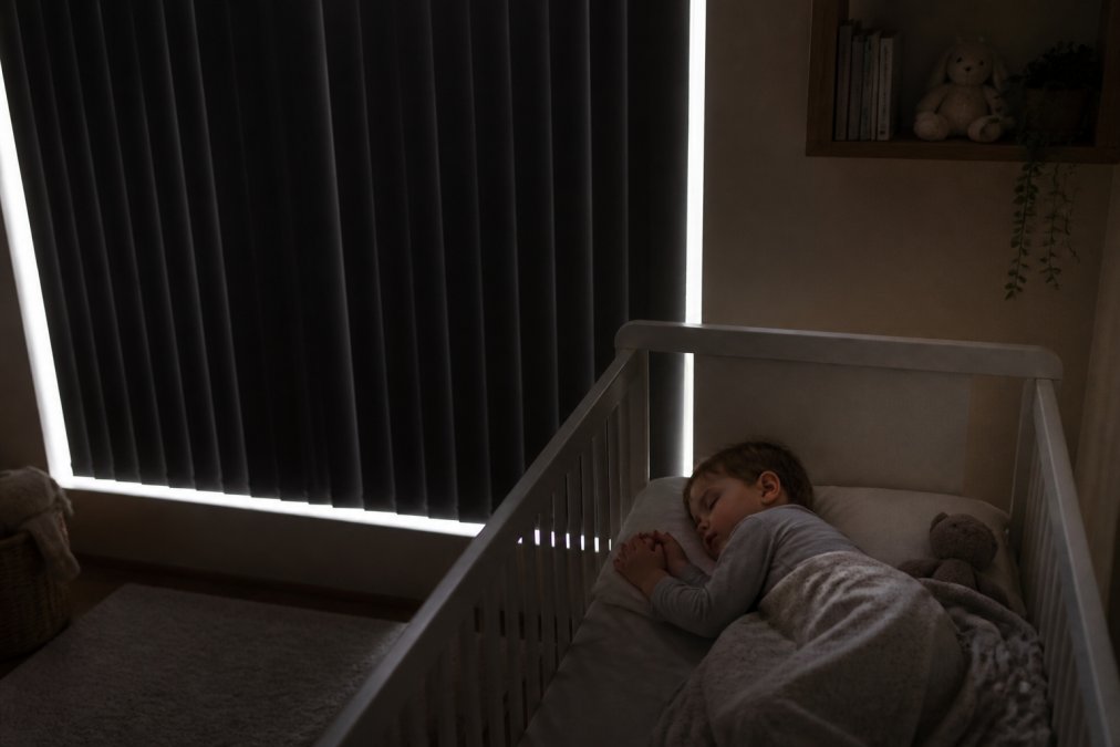 A peaceful nursery with blackout vertical blinds installed, showing a sleeping toddler in a darkened room with soft edges of natural light where the blinds meet the window frame