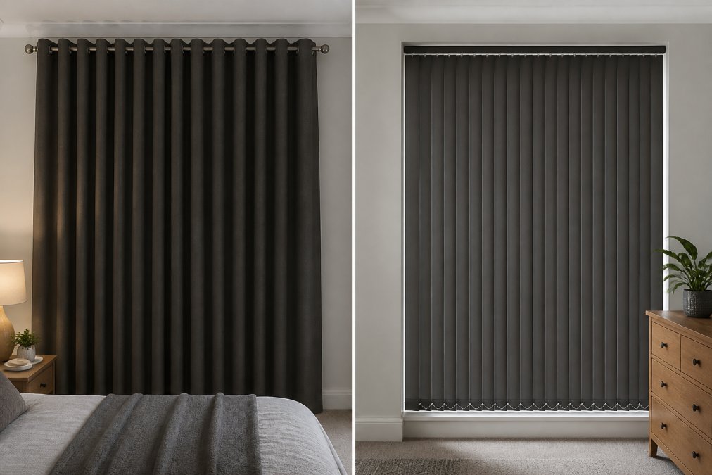 A bedroom window with blackout curtains fully drawn on one side and blackout vertical blinds completely closed on the other side, showing the visual and structural differences between the two treatments in natural daylight