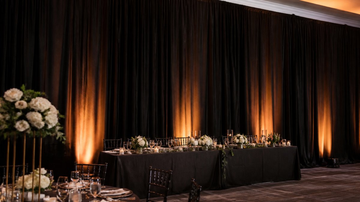 Infographic process for setting up blackout drapes events at weddings and corporate functions with elegant uplighting.