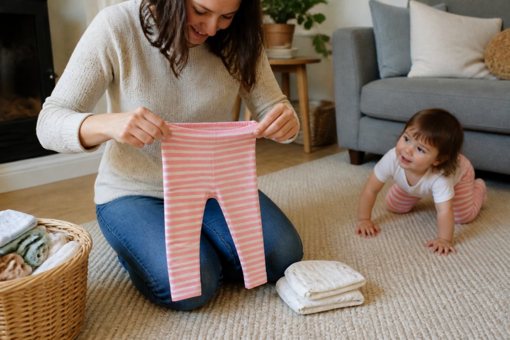 Parent stretching the elastic waistband of soft baby leggings as a blade and rose alternative near a cloth nappy