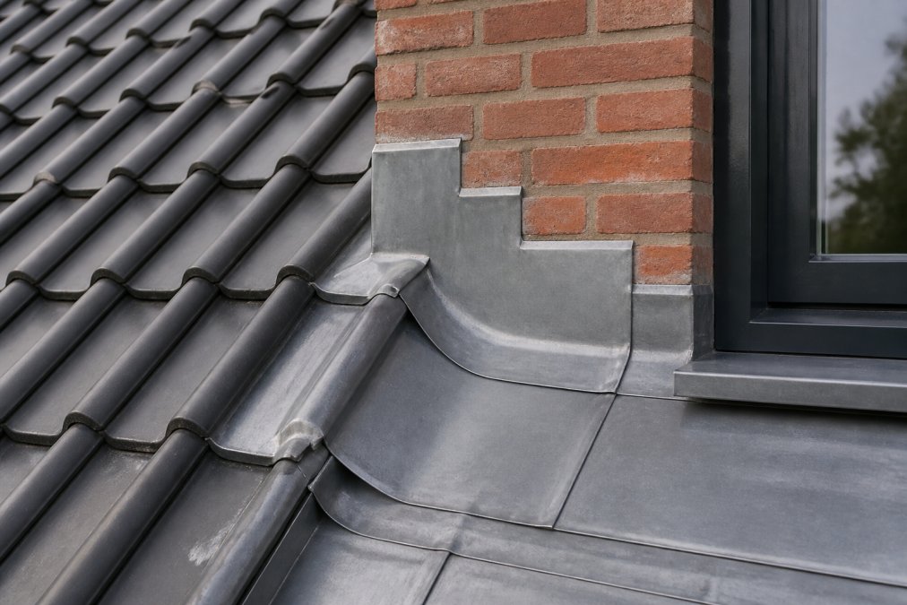 Close-up van professioneel loodwerk op een dakrand met diverse bladlood diktes dakrenovatie en dakpannen op de achtergrond.