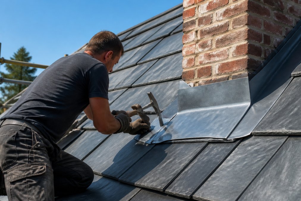 Professional roofer installing lead flashing on steep pitched roof, carefully securing lead sheet with specialized tools in bright daylight