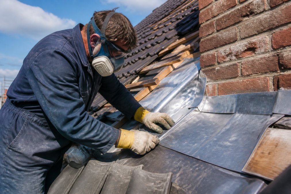 Dakdekker in volledige beschermingsuitrusting met masker, handschoenen en werkkleding die voorzichtig bladlood verwerkt op een dak in daglicht