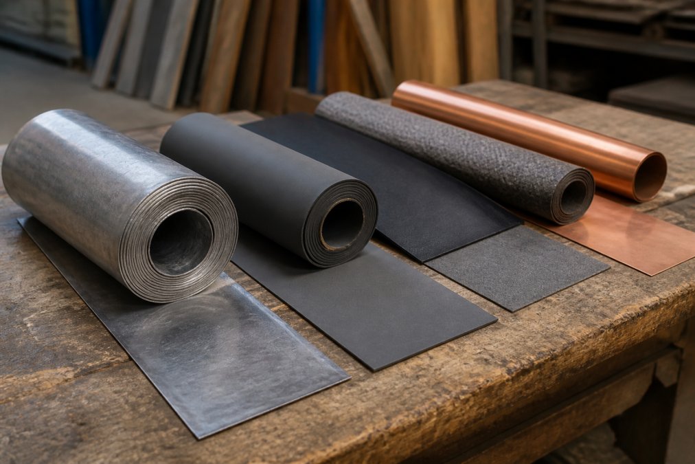 Close-up van verschillende dakbedekkingsmaterialen naast elkaar: traditioneel bladlood en moderne loodvrije alternatieven op een werkbank