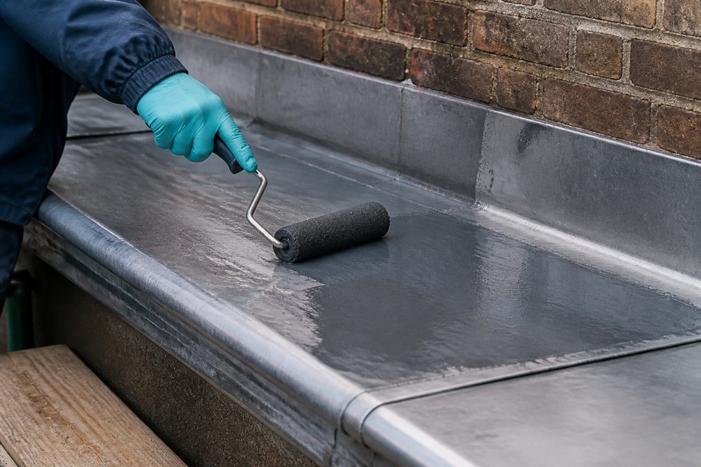 Close-up van twee-componentige epoxy-coating die voorzichtig met professionele roller op bladlood wordt aangebracht, met zichtbare glanzende beschermingslaag die zich vormt op het materiaal