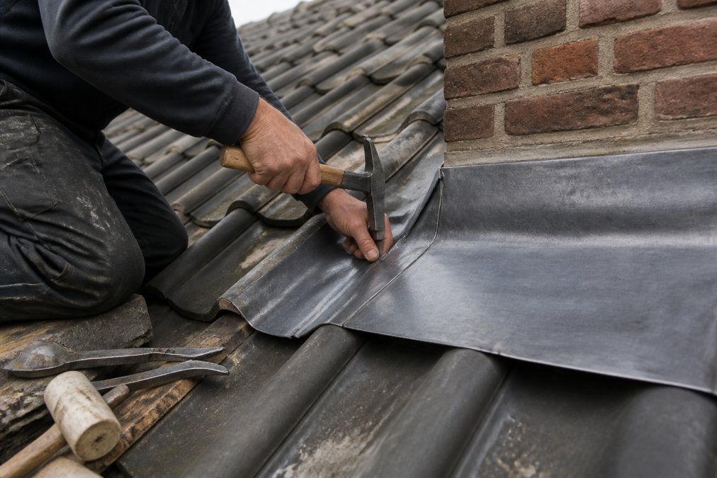 Dakdekker die bladlood met loodklopper bevestigt op dakpannen, met gereedschap zichtbaar in de werkruimte
