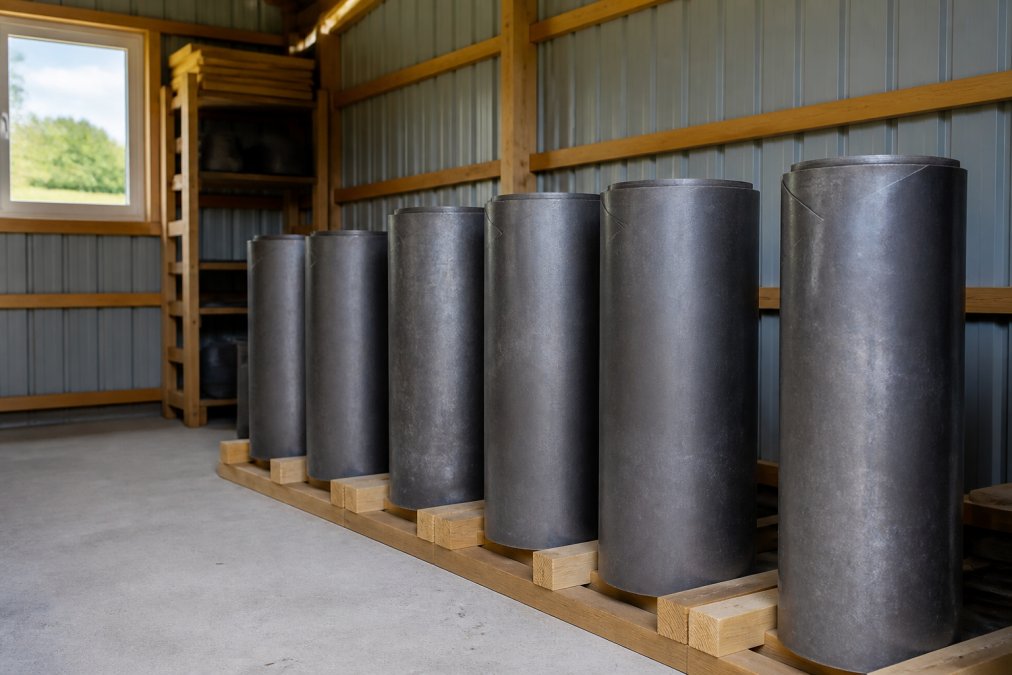 Goed georganiseerde opslagplaats met loodrol rechtop geplaatst op houten ondersteuning in droge schuur, natuurlijk licht door raam, geen vochtsporen zichtbaar