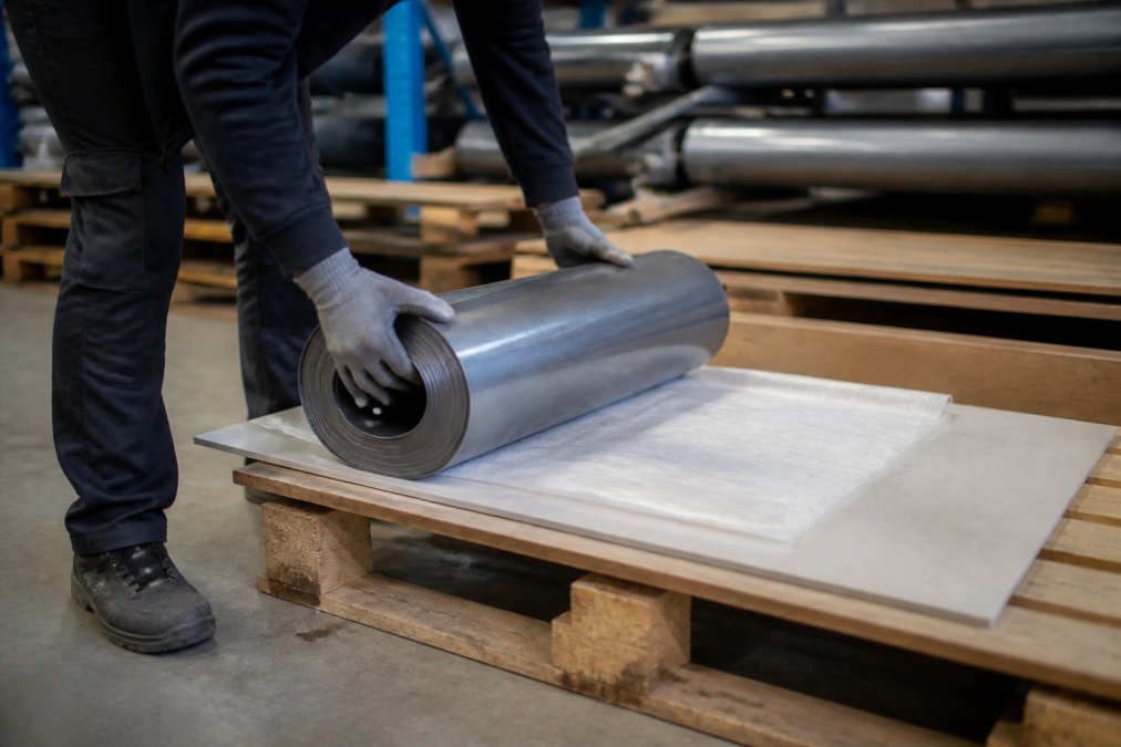 Handen van vakman die loodrol voorzichtig positioneert op pallet met beschermend materiaal, werkende in werkkleding in goed verlichte werkplaats