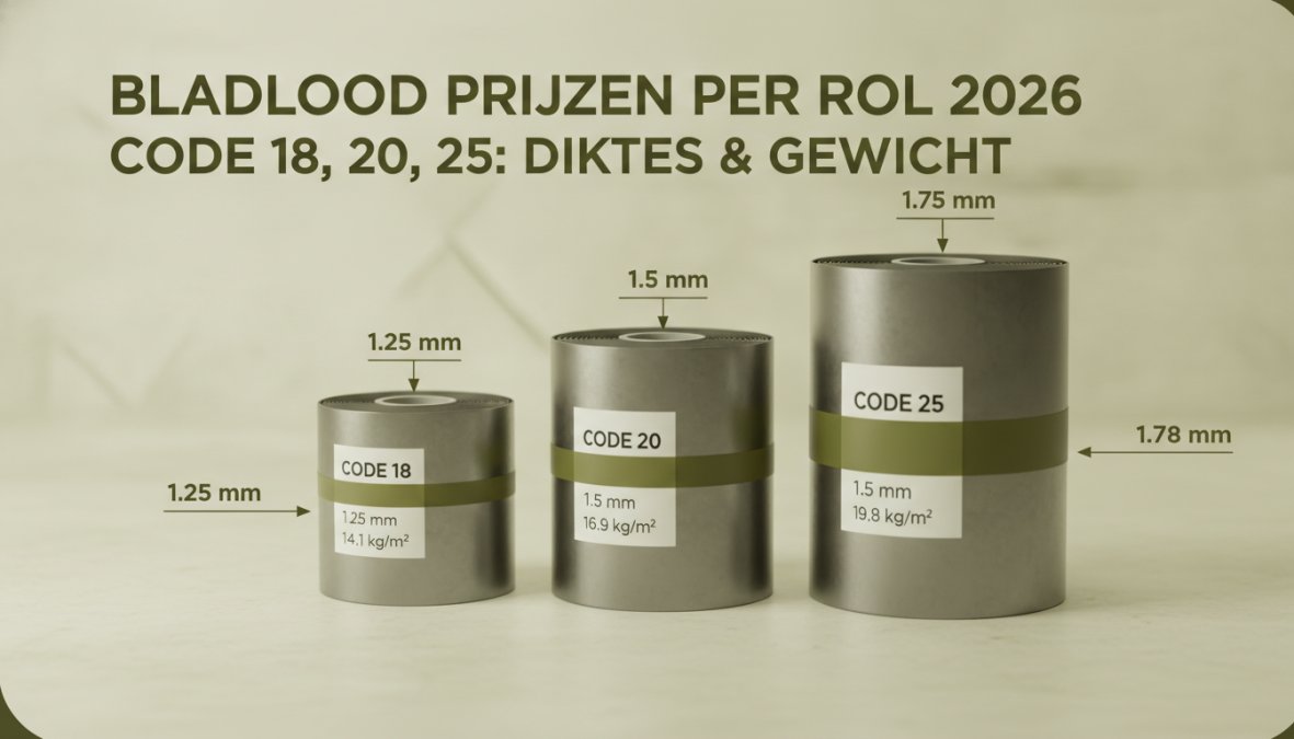 Close-up van drie verschillende rollen bladlood naast elkaar, duidelijk zichtbare verschillen in dikte (1,25 mm, 1,5 mm, 1,75 mm), met kleurcodering zichtbaar op de verpakking en rol, natuurlijke werkplekverlichting