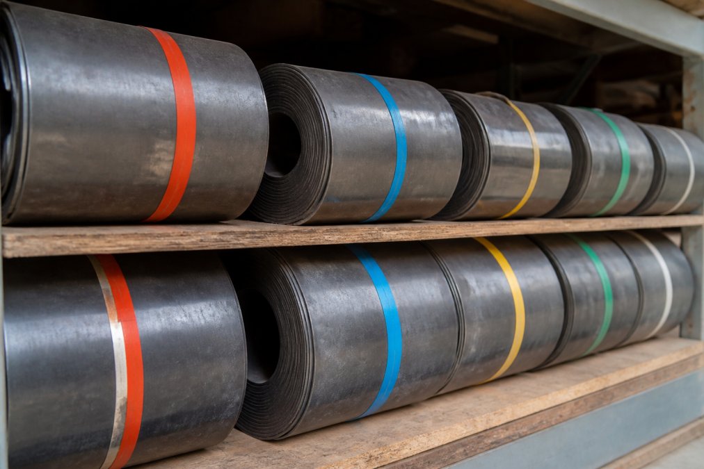 Close-up van verschillende rollen bladlood in diverse diktes, kleurgecodeerd en netjes gerangschikt in een bouwmaterialenopslag met professionele verlichting