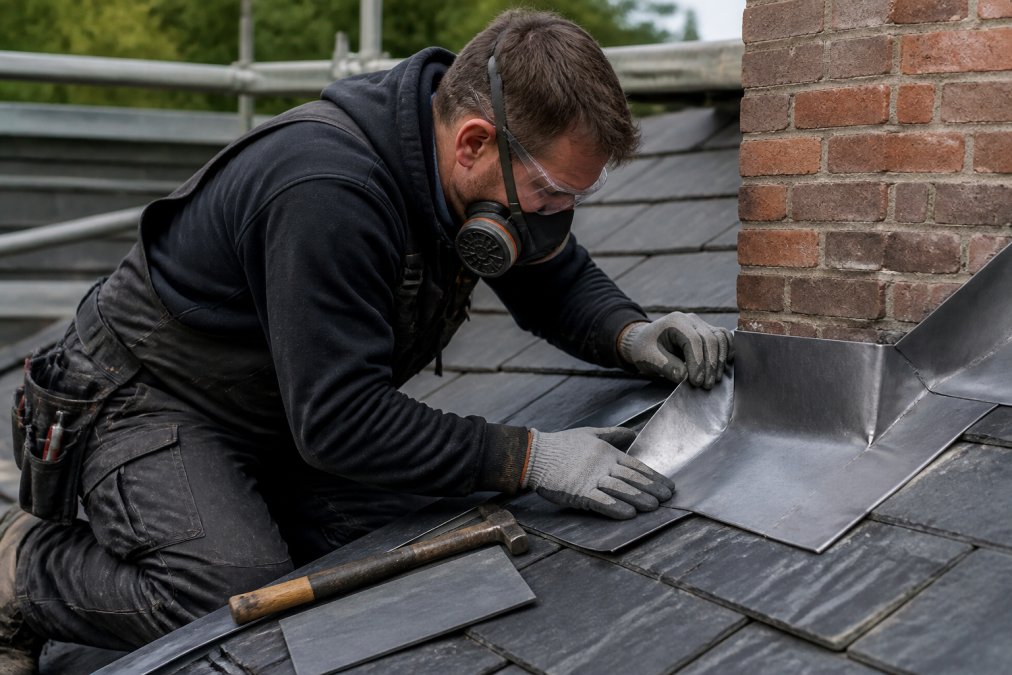 Professionele dakdekker die bladlood op een dakvoet aanbrengt met beschermende handschoenen, gezichtsbescherming en gereedschap zichtbaar op een moderne dakwerkplek met natuurlijke verlichting