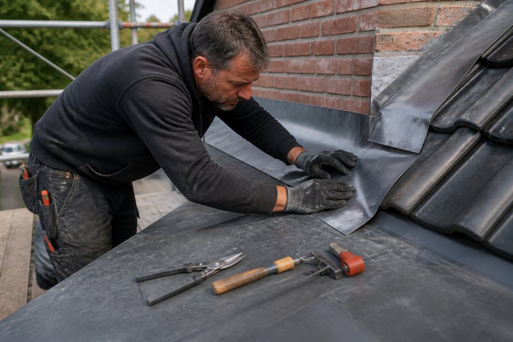 Vakkundige dakdekker die loodslabben voorzichtig aanbrengt op een dakrand met zichtbare gereedschappen, toont flexibiliteit en nauwkeurige verwerkbaarheid in professionele werkstijl