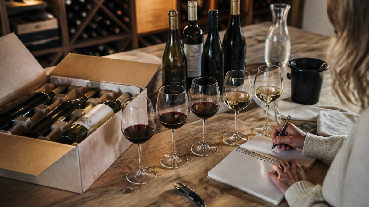 Närbild av ett bord hemma med öppnad vinlåda, flera vinglas med rött och vitt vin, en anteckningsbok för smaknoteringar och en ljus källarmiljö