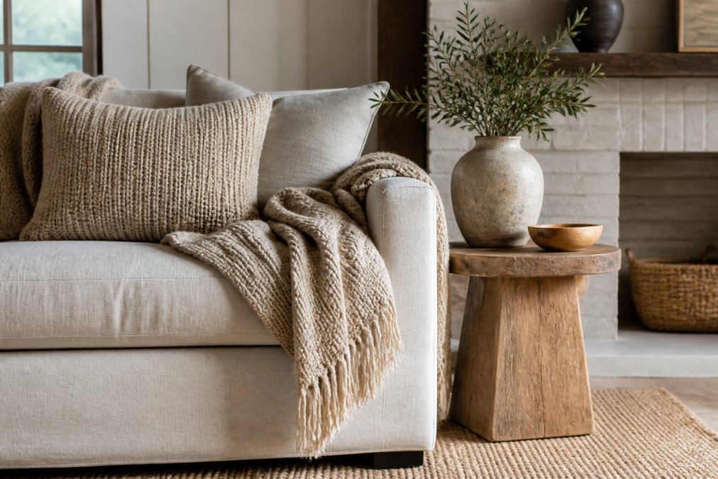 A carefully styled living room corner featuring a neutral sofa with woven throw blankets, a simple wooden side table with a handmade ceramic vase, and a soft area rug, showing intentional texture layering in a clean, uncluttered space