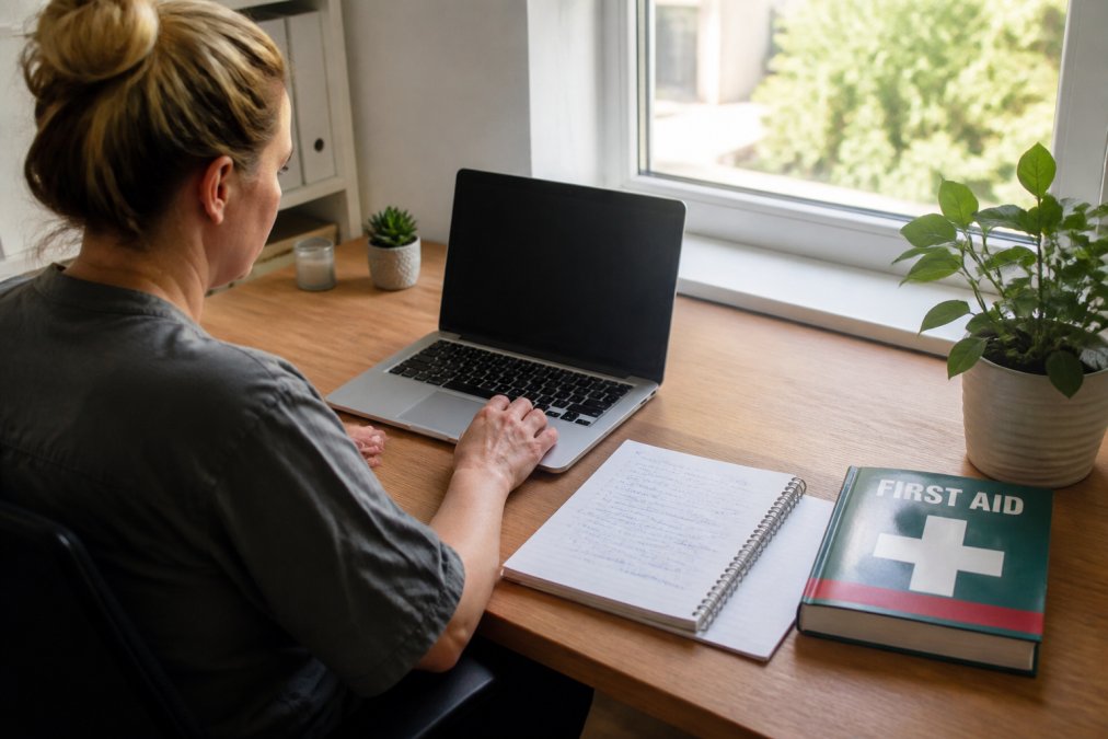 Person studying a blended learning first aid theory module on a laptop in a bright home office.
