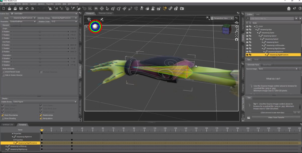 Rigged character model successfully imported into DAZ Studio 4.23 using the Blender to DAZ Studio plugin by Matronius, showing active Joint Editor adjustments on the forearm bone.