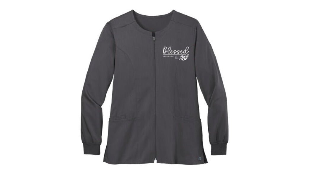 Blessed Women's Premiere Flex Full-Zip Scrub Jacket – Comfortable, Stylish, and Professional Workwear
