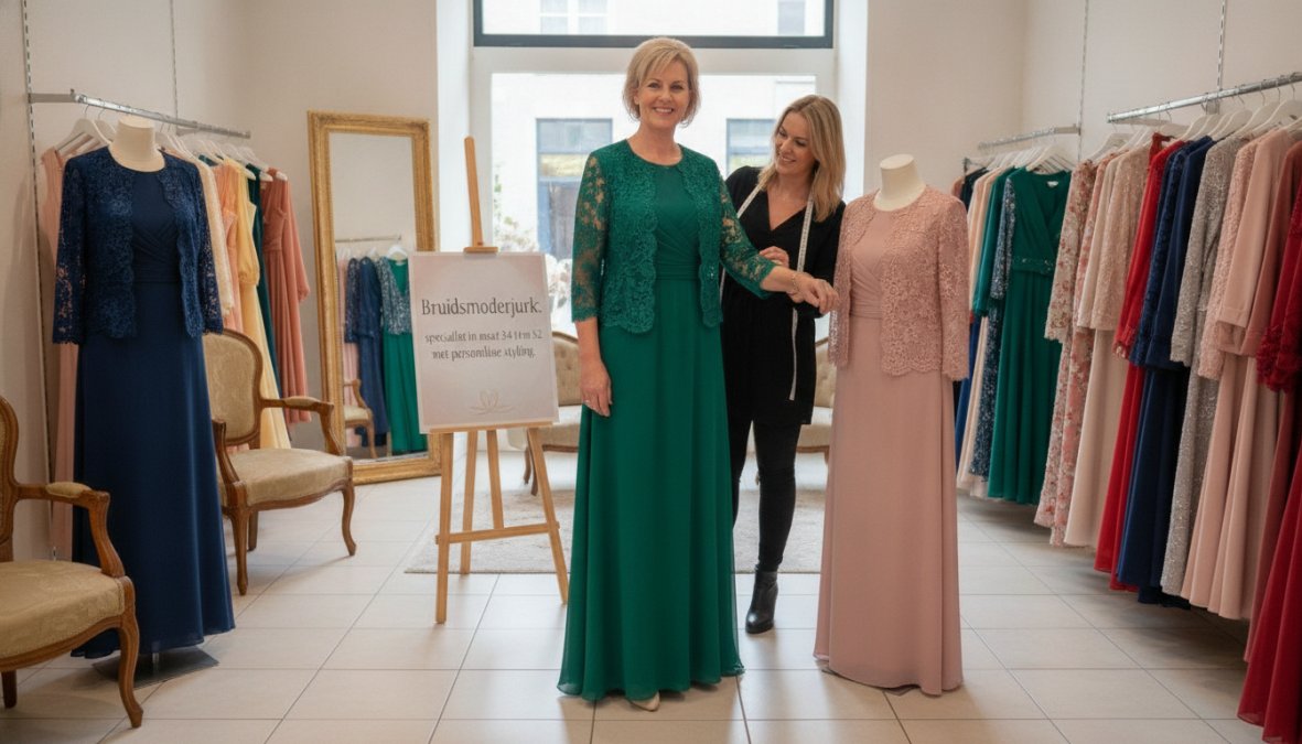 Vrouw in elegante jurk-met-jasje set in verschillende maten, staande in een gezellige winkel met kleurrijke collecties op de achtergrond