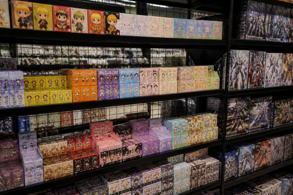 A well-lit retail shelf display inside a hobby store, featuring colorful blind box figures and Gundam model kits neatly organized for browsing