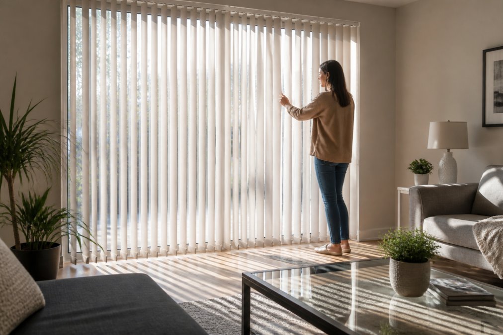Bright living room with vertical blinds filtering natural light through a large patio door, showing privacy control and light adjustment in action, with soft shadows cast across the floor