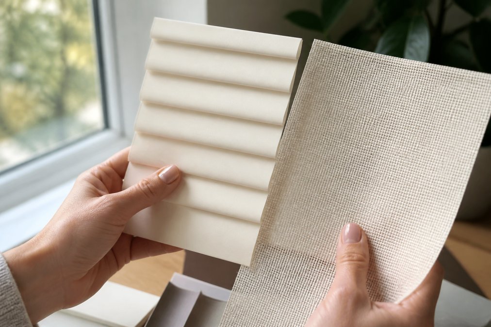 Close-up of hands comparing the texture of a thick cream PVC blackout louvre against a lighter flatweave fabric sample, natural daylight from a nearby window