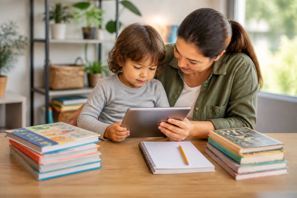 A parent and child sitting together at a table, looking at a tablet and a stack of colorful children's books, with a notebook and pencil nearby in a bright home setting