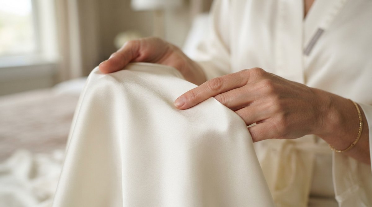 Close-up of hands holding premium mulberry silk fabric against skin, showing the lustrous charmeuse weave with natural light highlighting the smooth, luminous surface and delicate drape