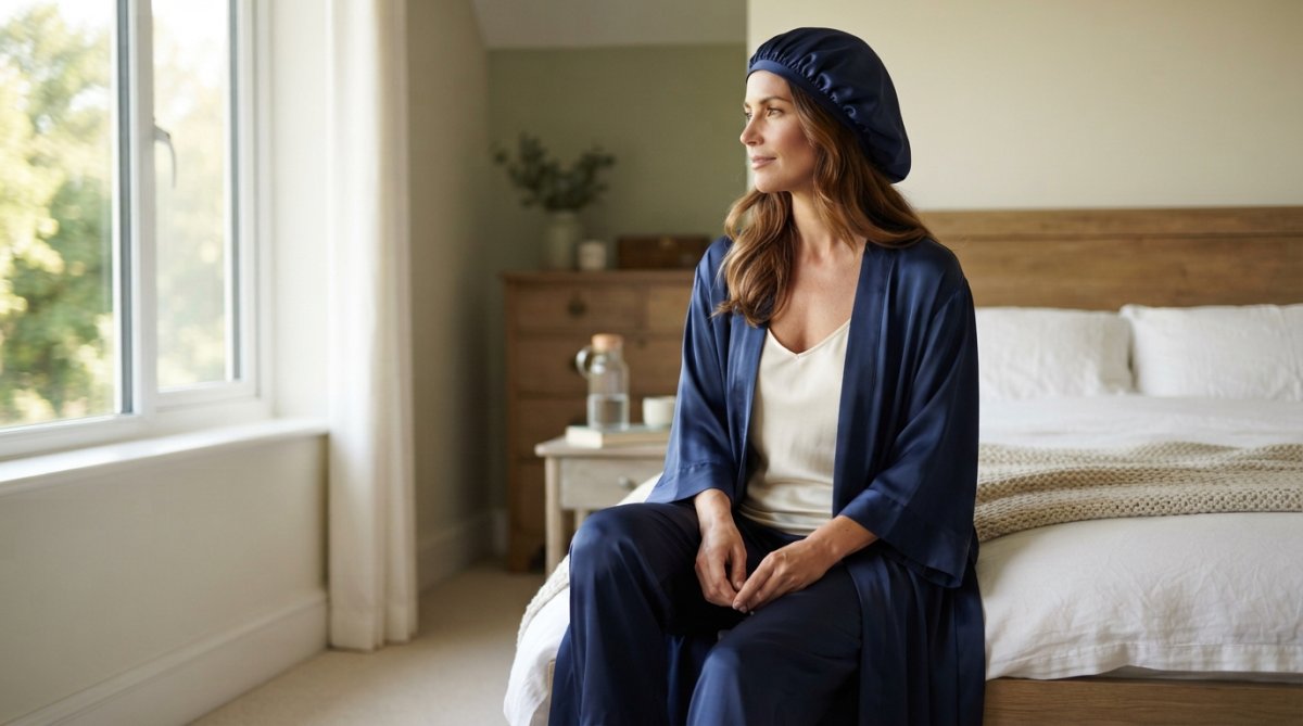 Woman in luxury mulberry silk robe and matching bonnet in serene bedroom setting, displaying the elegant drape and refined presentation of heirloom-quality sleepwear with natural morning light