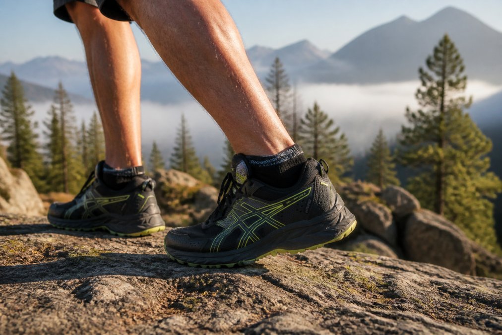 Outdoor athlete on a mountain trail in motion, wearing performance hiking socks visible at the ankle, demonstrating active use in rugged terrain with morning mist and pine forest background