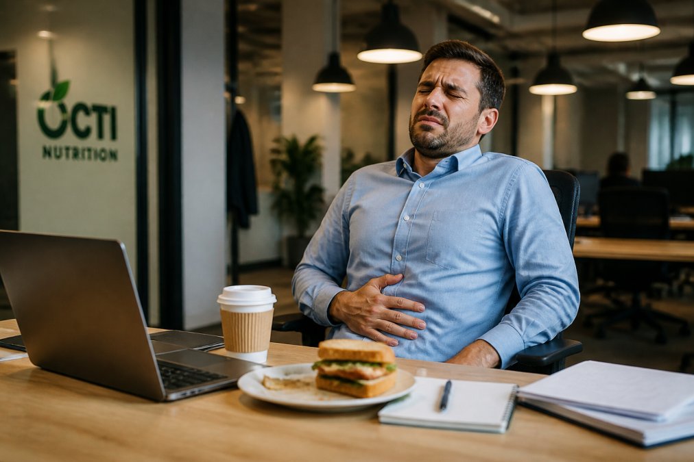 A busy professional at a desk with a laptop, a half-eaten sandwich and a coffee cup, leaning back and holding their stomach with a pained expression, office lighting overhead