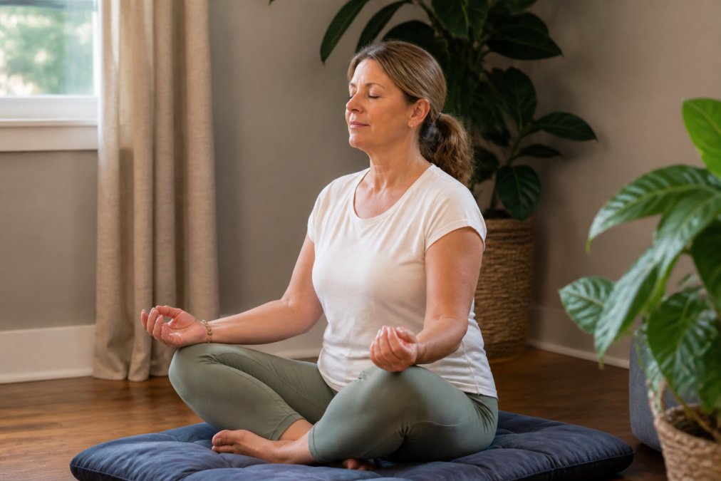 Person sitting in comfortable cross-legged position on cushioned mat in naturally lit room with soft daylight from window, hands resting on knees in relaxed posture, calm neutral expression