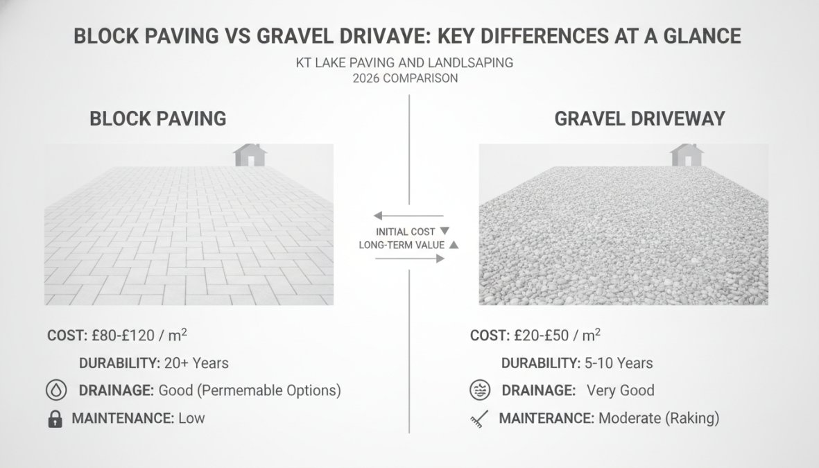 Split-screen view showing a professionally finished block paved driveway with interlocking concrete blocks on the left side and a well-maintained gravel driveway with natural stone aggregate on the right side, both in front of residential homes in Norfolk with clear daylight