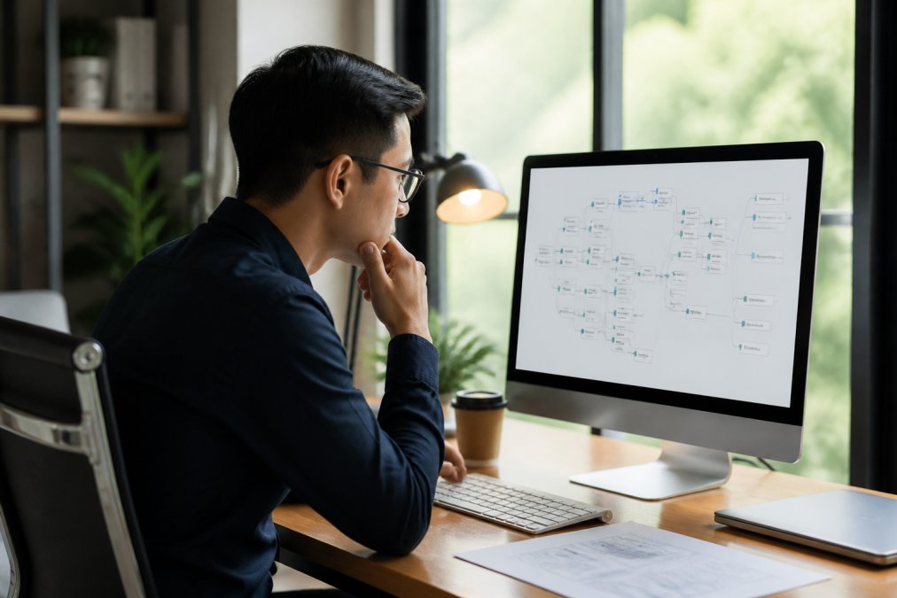 Professional examining blockchain transaction flow on computer screen with network diagrams visible, modern office setting with natural lighting