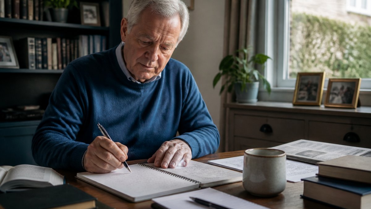 Older adult studying blockchain concepts on a laptop with handwritten notes in a sunlit home office