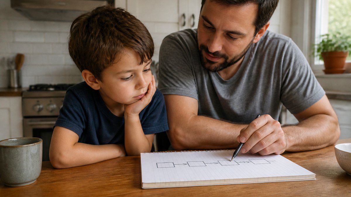 Parent and child looking at a notebook diagram illustrating how a sequence of connected data blocks works.