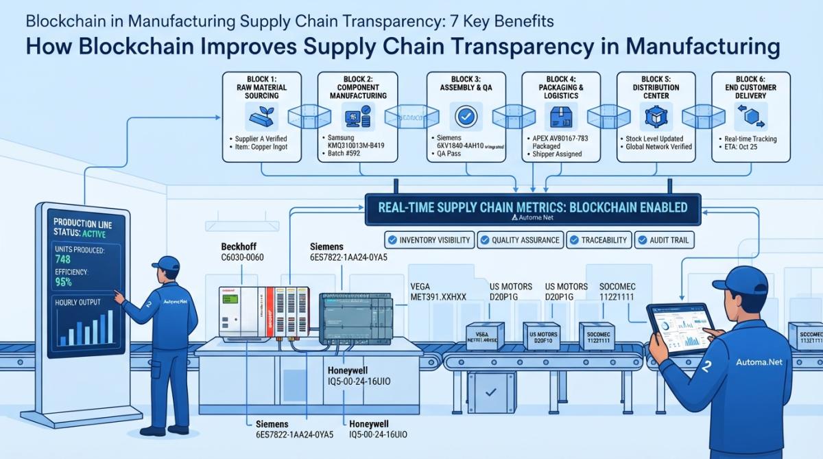 Manufacturing facility with workers monitoring equipment and digital displays showing real-time production data and supply chain metrics in a modern industrial setting with bright overhead lighting