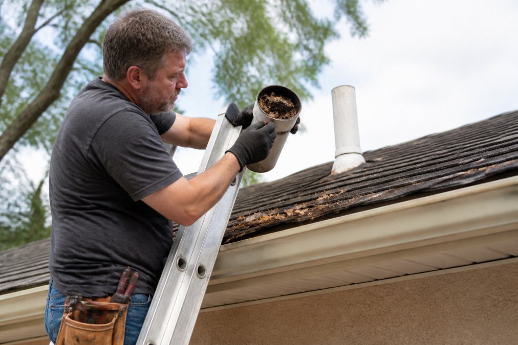 Homeowner standing safely on a ladder inspecting a roof vent opening, examining debris and potential blockages like leaves and bird nests with natural daylight illuminating the vent termination