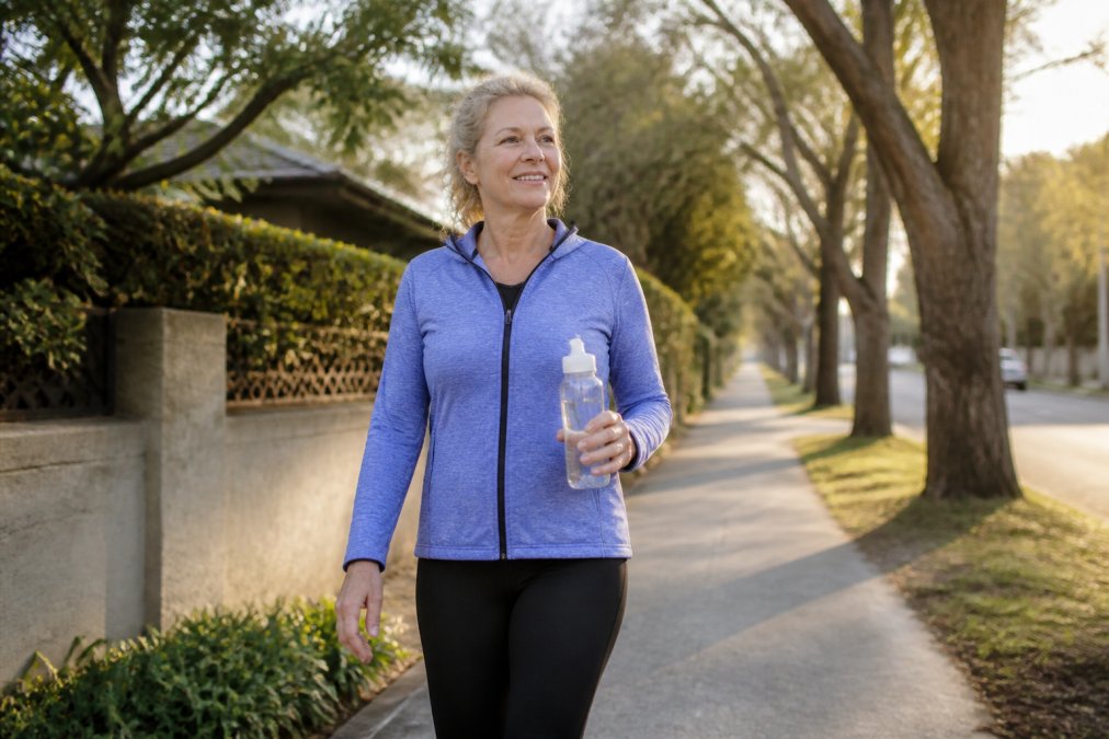 A woman in her fifties walking briskly along a tree-lined suburban path in the early morning, wearing comfortable activewear and holding a water bottle